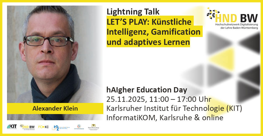 Klein ```Porträt von Alexander Klein mit Veranstaltungsdetails zum Lightning Talk über KI und Lernen am 25.11.2025 in Karlsruhe.
```