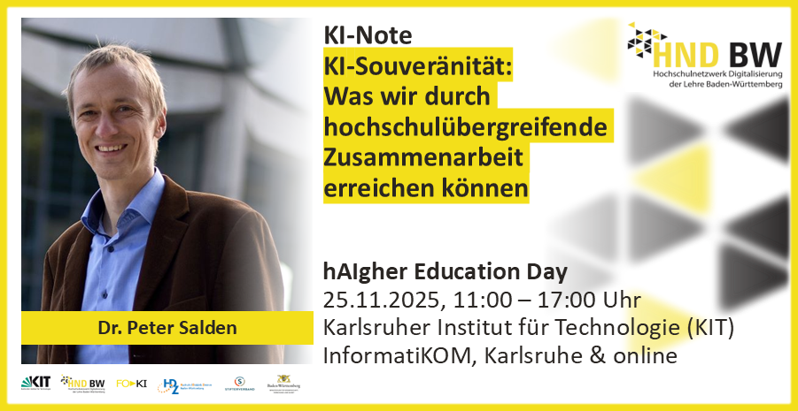 Salden Dr. Peter Salden lächelt. Text: KI-Note, KI-Souveränität durch Zusammenarbeit. 25.11.2025, KIT Karlsruhe, online.