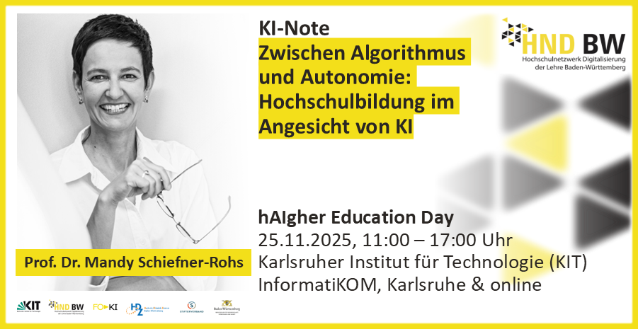 Schiefner-Rohs Prof. Dr. Mandy Schiefner-Rohs lächelt. Text: KI-Vortrag zu Hochschule und KI beim hAIgher Education Day, 25.11.2025, KIT Karlsruhe.