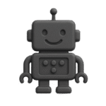 chatbot-ed Grauer, lächelnder Roboter mit Antenne und Knöpfen auf dem Bauch, auf hellem Hintergrund.