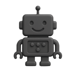 Grauer, lächelnder Roboter mit Antenne und Knöpfen auf dem Bauch, auf hellem Hintergrund.