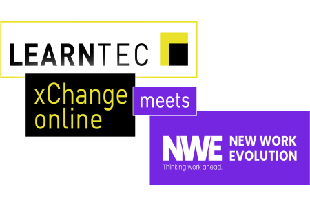 Alt-Text: Logo der Learntec xChange online trifft NWE New Work Evolution, Thema: 'Thinking work ahead.'