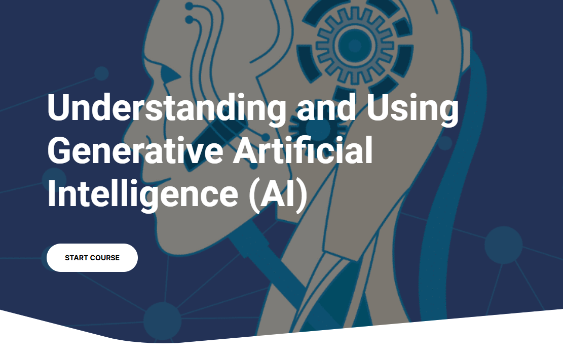 Roboterkopf vor Text Understanding and Using Generative Artificial Intelligence (AI), Schaltfläche: Start Course.