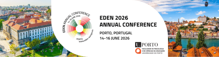 Werbeplakat für die EDEN 2026 Konferenz in Porto, Portugal, vom 14. bis 16. Juni, mit Panoramablick auf die Stadt.