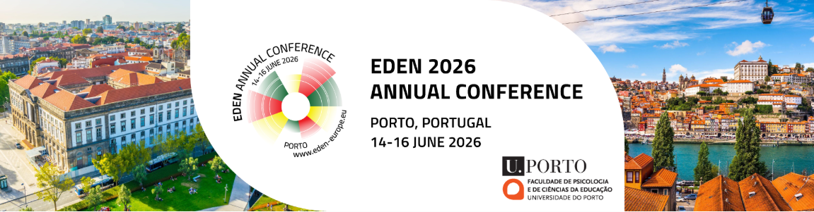 Werbeplakat für die EDEN 2026 Konferenz in Porto, Portugal, vom 14. bis 16. Juni, mit Panoramablick auf die Stadt.