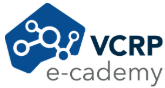 Logo der VCRP e-academy mit einem stilisierten Molekül-Design in Blau und dem Schriftzug in Grau und Schwarz.