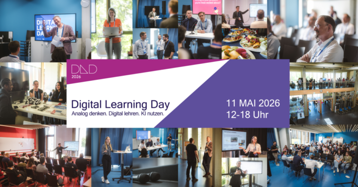 Collage vom Digital Learning Day am 11. Mai 2026, mit Vorträgen und Workshops, Themen: analoges Denken, KI-Nutzung.