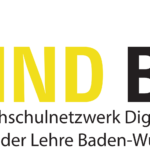 Logo von HND BW mit Text: 10 Jahre Hochschulnetzwerk Digitalisierung der Lehre Baden-Württemberg. Gelb-schwarze Dreiecke.
