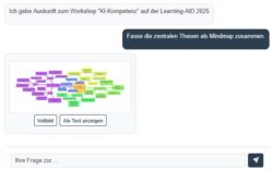 Mindmap mit farbigen Konzepten zu KI-Kompetenz, Thema eines Workshops bei Learning-AID 2025. Links zur Vollansicht.