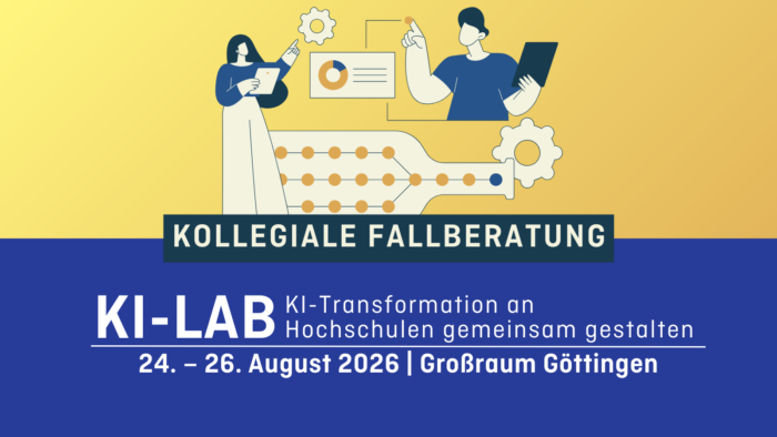 Illustration von zwei Personen mit Diagrammen, Text: Kollegiale Fallberatung, KI-LAB, 24.–26. August 2026, Göttingen.