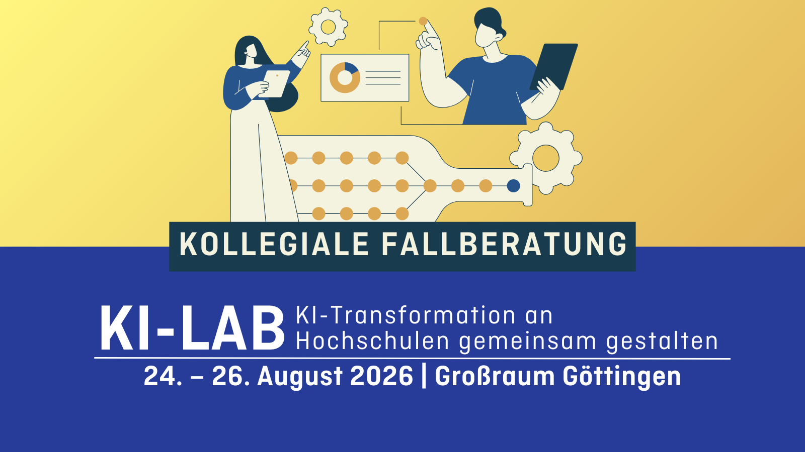 Illustration von zwei Personen mit Diagrammen, Text: Kollegiale Fallberatung, KI-LAB, 24.–26. August 2026, Göttingen.