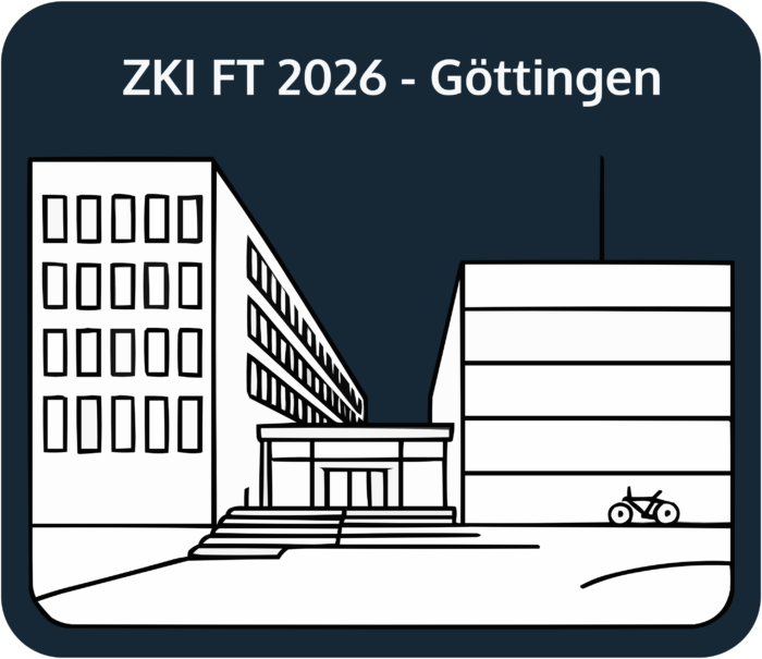 Gebäudeillustration mit Treppe, daneben Fahrrad. Text: ZKI FT 2026 - Göttingen.