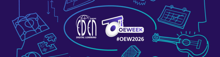 Logo von EDEN Digital Learning, OEWEEK und #OEW2026, umgeben von Symbolen wie Buch, Gitarre und Kalender auf blauem Hintergrund.