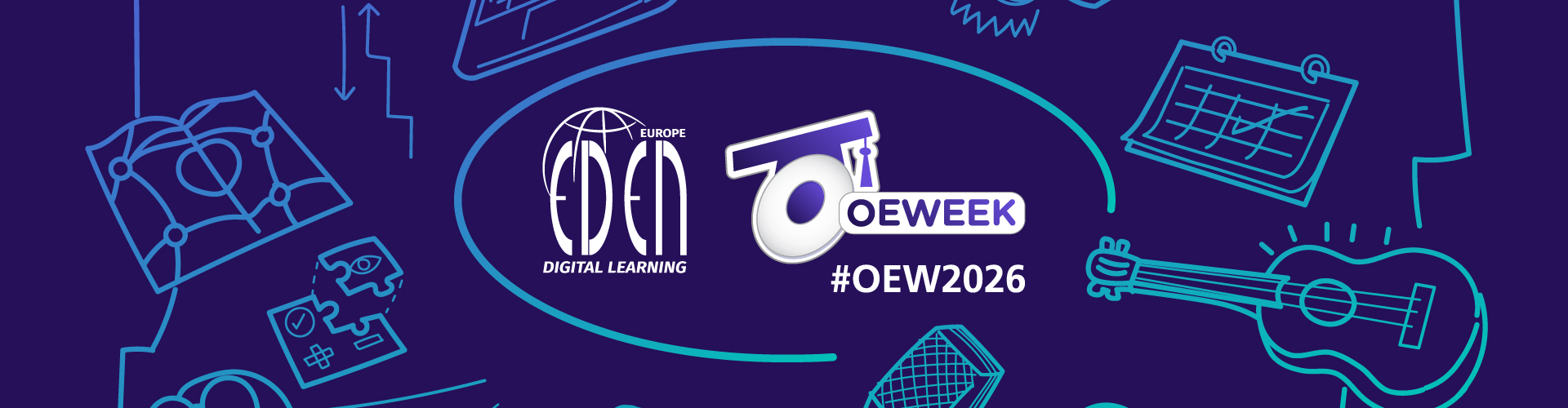 Logo von EDEN Digital Learning, OEWEEK und #OEW2026, umgeben von Symbolen wie Buch, Gitarre und Kalender auf blauem Hintergrund.