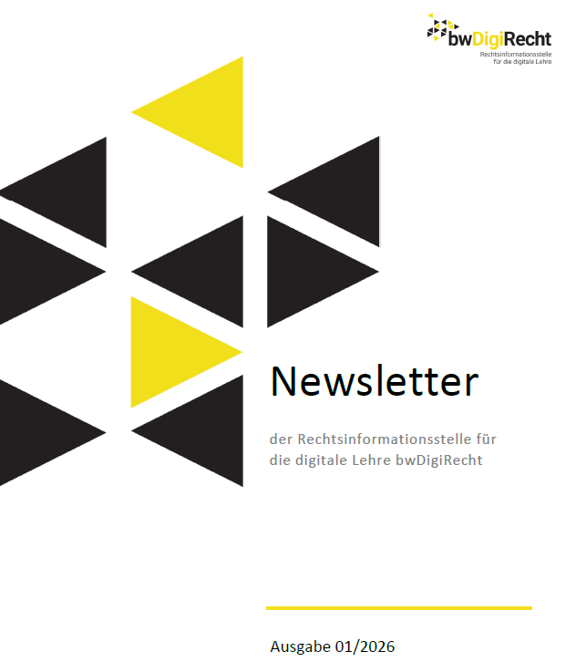 Newsletter-Cover der Rechtsinformationsstelle für digitale Lehre bwDigiRecht, Ausgabe 01/2026, mit grafischen Dreiecken.