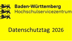 Gelbes Logo des Hochschulservicezentrums Baden-Württemberg mit drei Löwen, Text Datenschutztag 2026.